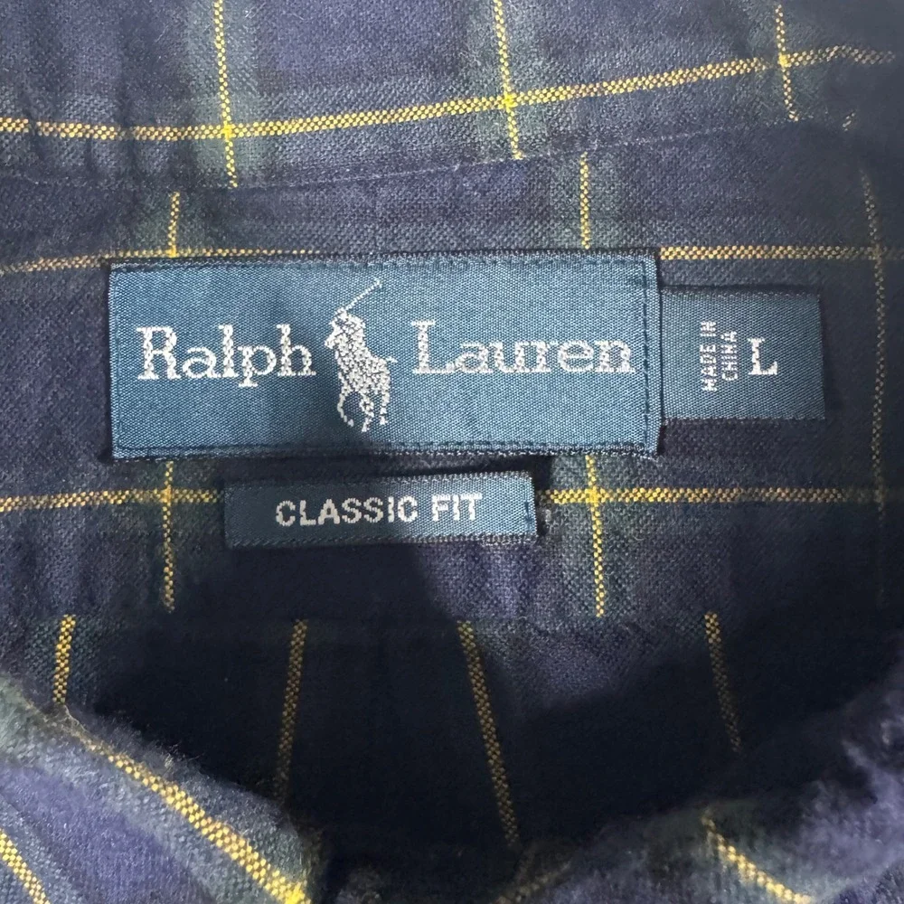 Ralph Lauren Classic Fit Flannel Button Down‎ Men Large Navy Yellow Plaid Shirt
